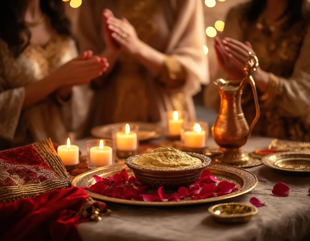 A decorated henna tray with candles and rose petals, a red veil and a copper ewer set for a kına night
